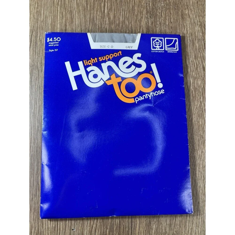 VTG Hanes Too! Light Support Pantyhose Sz C-D Grey Sandalfoot NOS